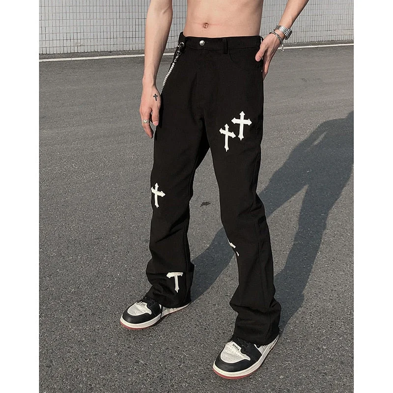 Aonga High Street Loose Casual Pants Men's Embroidered Cross Flare Pants Jeans For Men  Men Jeans  Denim Jeans For Men