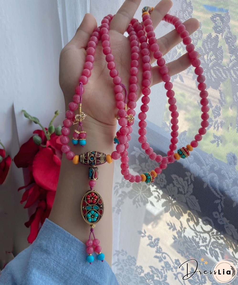 Loose Pink Gem Stone Cloisonne Enamel Beading Tassel Pendant Necklace