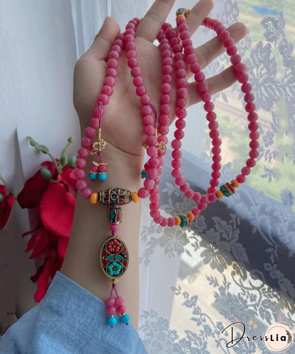 Loose Pink Gem Stone Cloisonne Enamel Beading Tassel Pendant Necklace