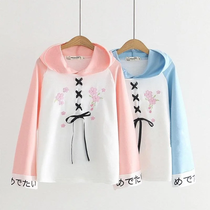 Pink/Blue Flower Embroidery Laced Hoodie Jumper S12997