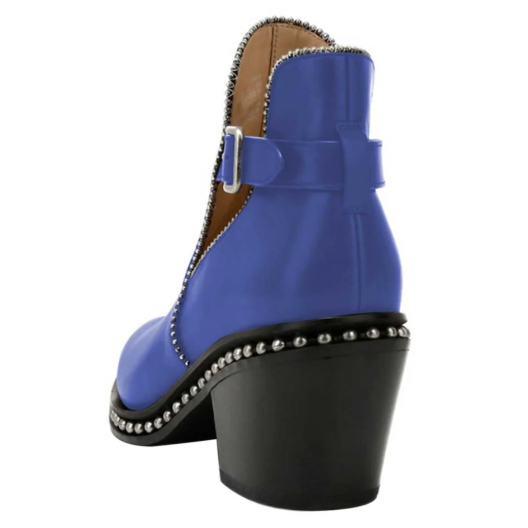 Blue Chunky Heel Studded Buckle Strap Pointed Toe Booties for Women
