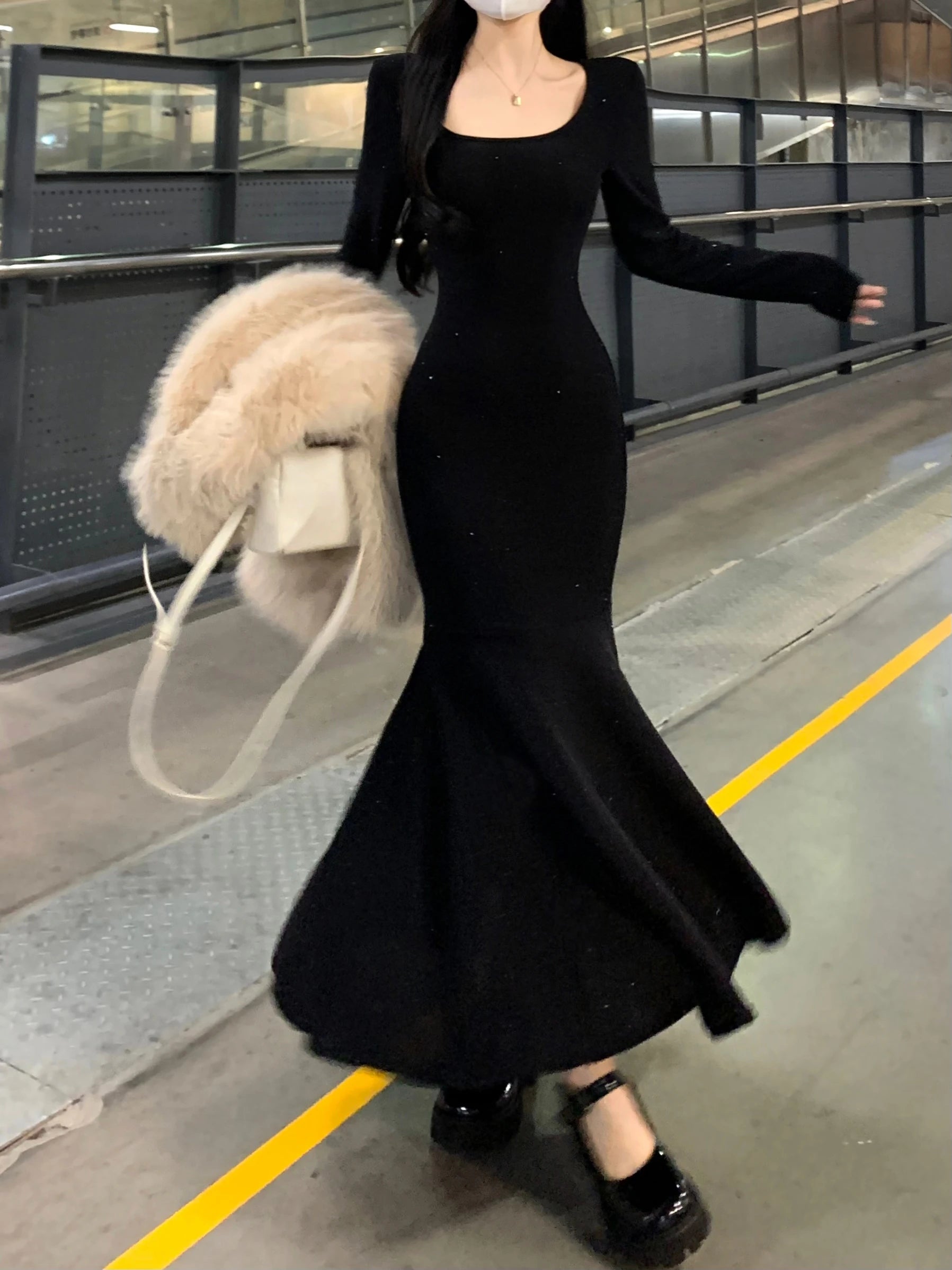 Beyprern Elegant Beautiful Midi Dresses for Women Spring New Vintage Square Neck Long Sleeves Evening Birthday Party Prom Female Clothing