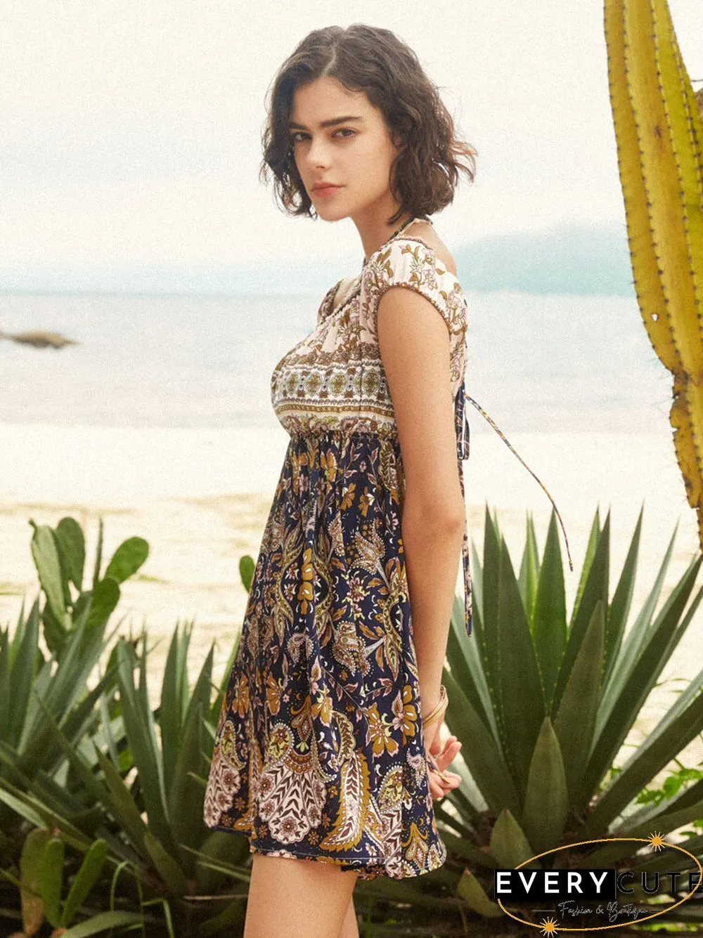Selfsow Flower Paisley Print Off Shoulder Tie Back Bohemian Mini Dress