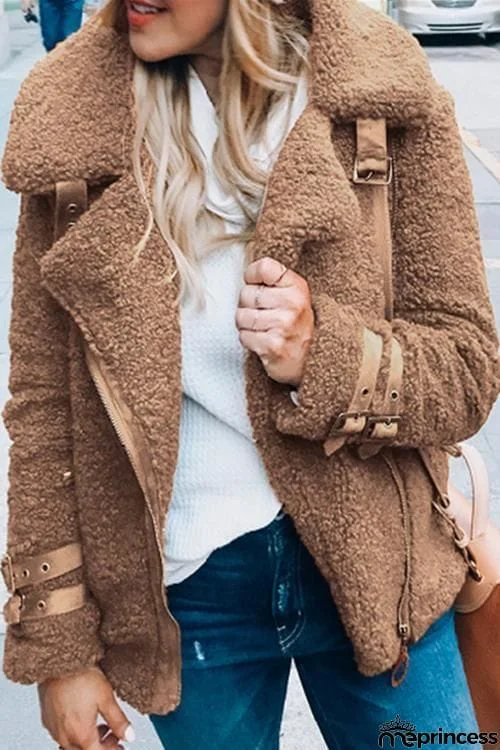 Buckle Fuzzy Zipper Coat