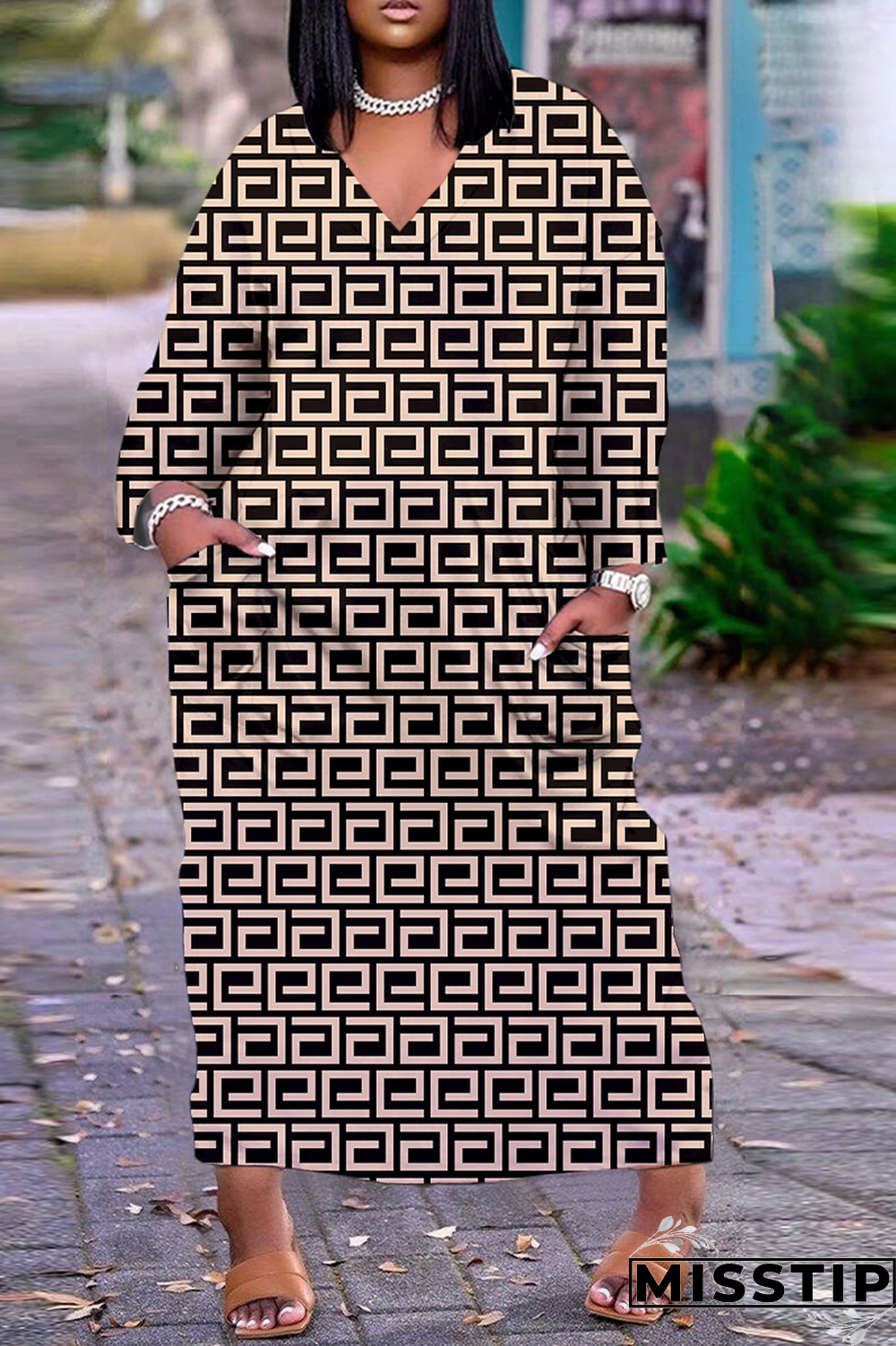 Black Street Plaid Print Patchwork V Neck Straight Dresses