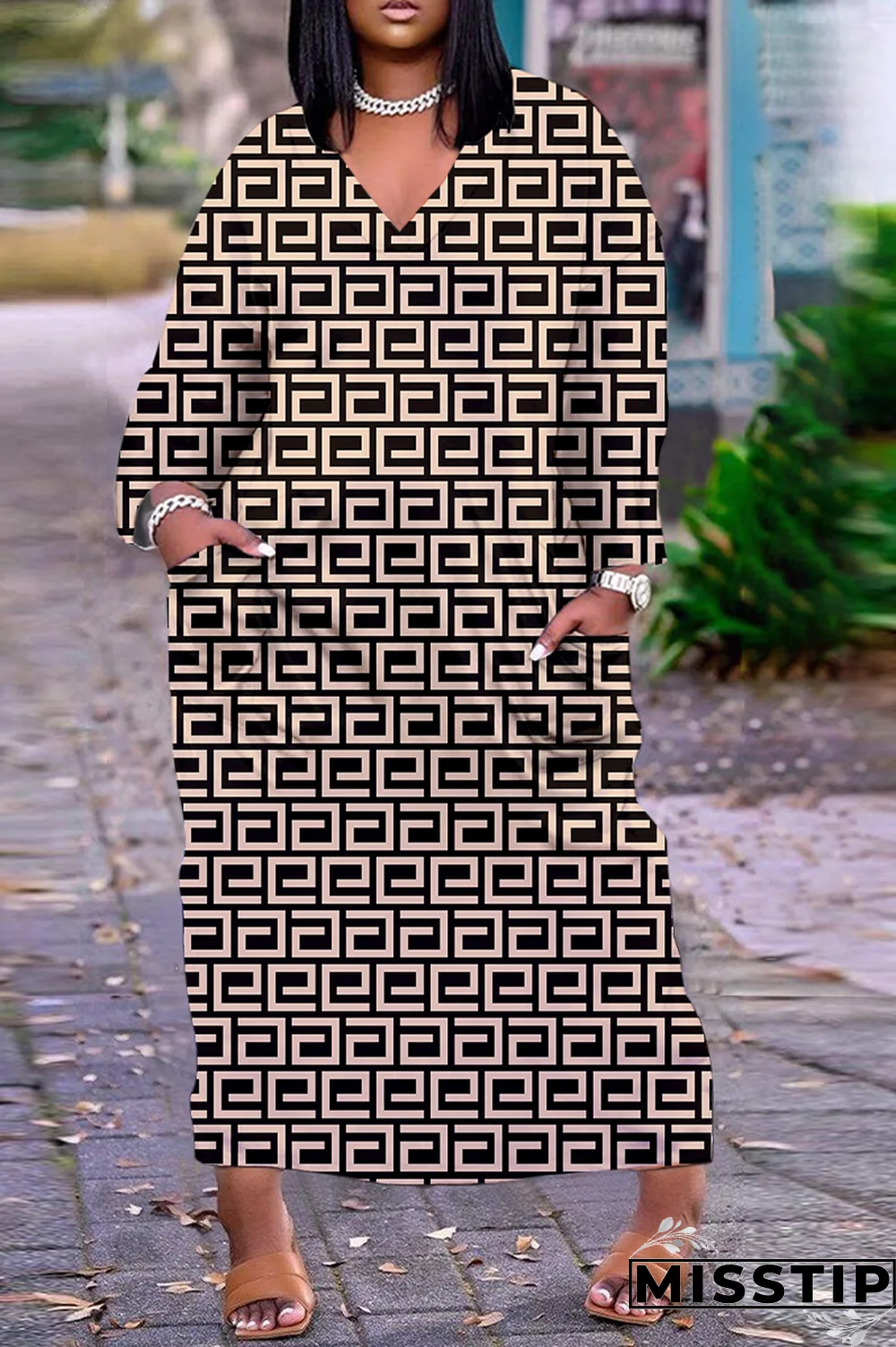 Black Street Plaid Print Patchwork V Neck Straight Dresses