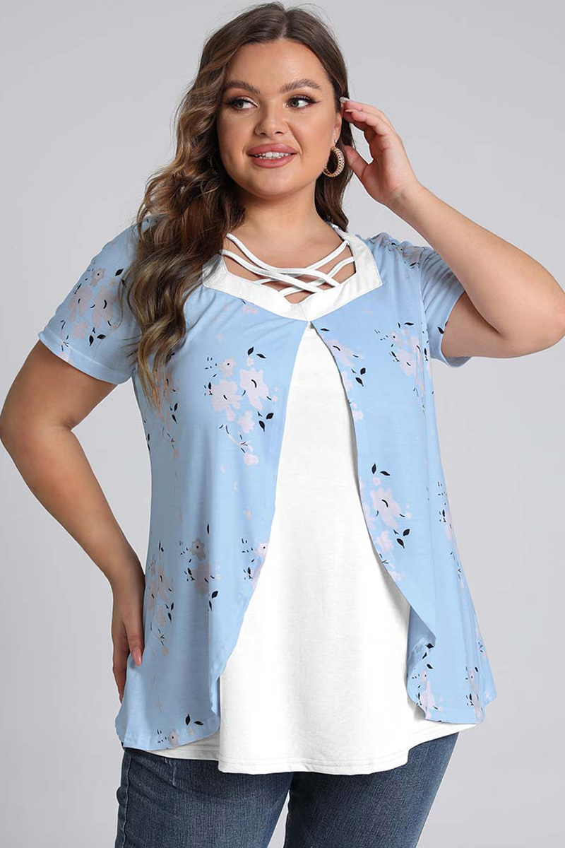 Plus Size Cross Strap Short Sleeve Floral Print Blouses 2024 - Flycurvy 