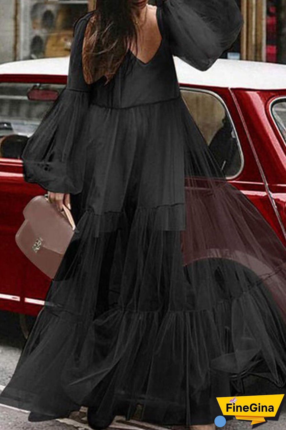 V-neck Bubble Sleeve Mesh Ruffled Dress