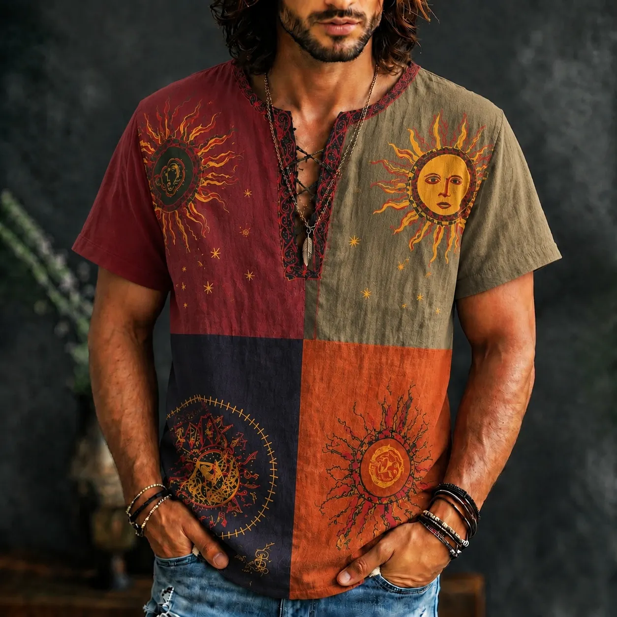 Men's Sun Face Art Patchwork Print V-shaped Petite Henry Collarl Shirt  artssus
