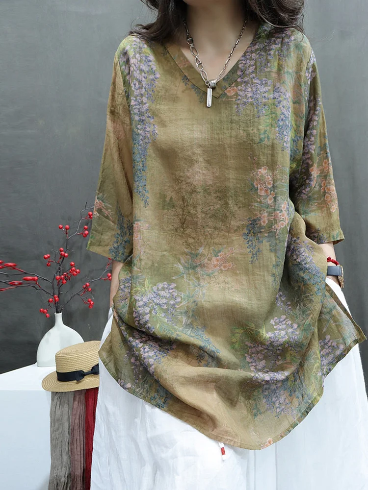 Women Summer Vintage Flower V-Neck Ramie Long Shirt