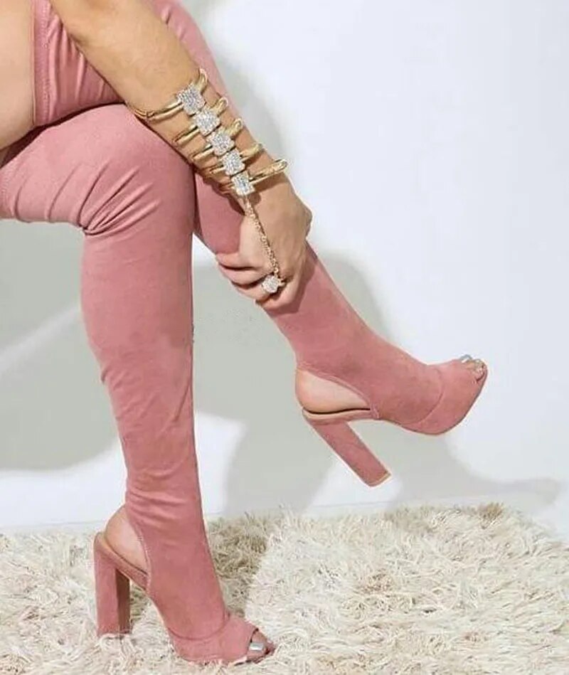VCSHOES Women Open Toe Suede Leather Over Knee Slim Long Boots Cut-out Thick Heel Thigh High Heel Boots Dress Shoes