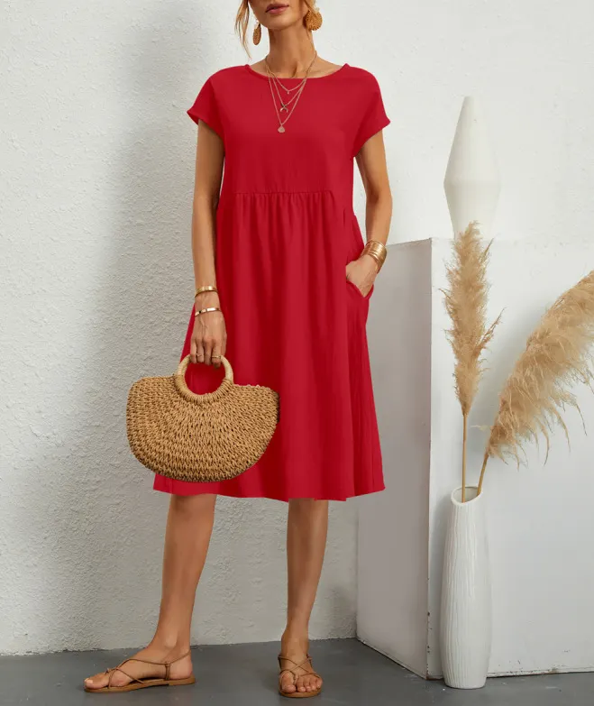 Women Cap Sleeve Pocket Midi Dress Round Neck Loose Casual Cotton Linen Summer Vacation Dress