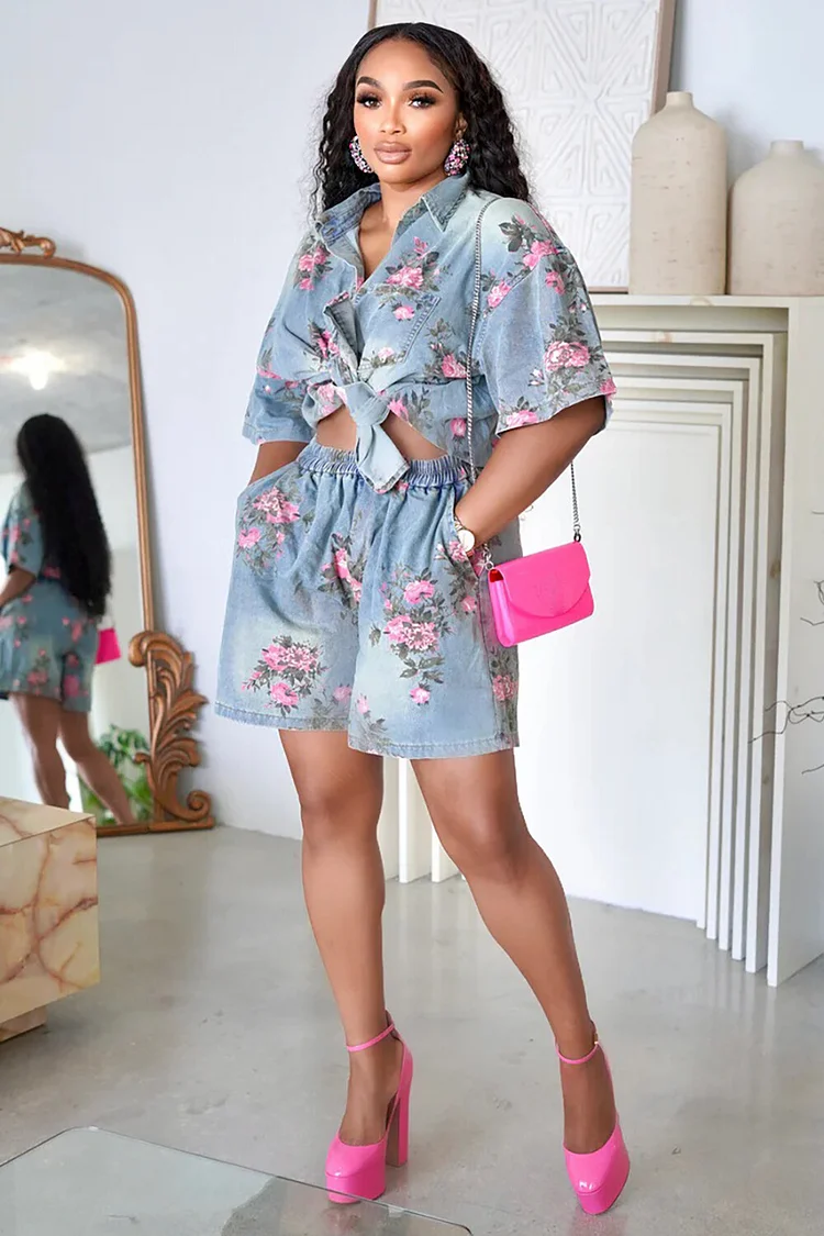 Floral Pattern Denim Short Sleeve Blouse Casual Shorts 2pcs Set-Blue