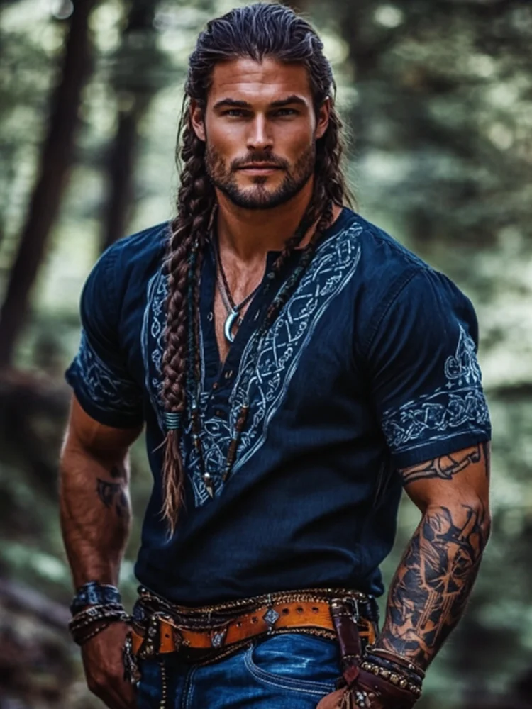 Vintage Viking Rune Print V Neck Short Sleeve T-shirt