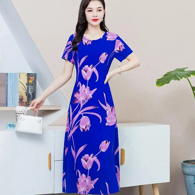 Women Summer Dress Plus Size 5XL Loose Middle-aged Mother Casual Short Sleeve Long Dress O-Neck Floral Print Cotton Dresses