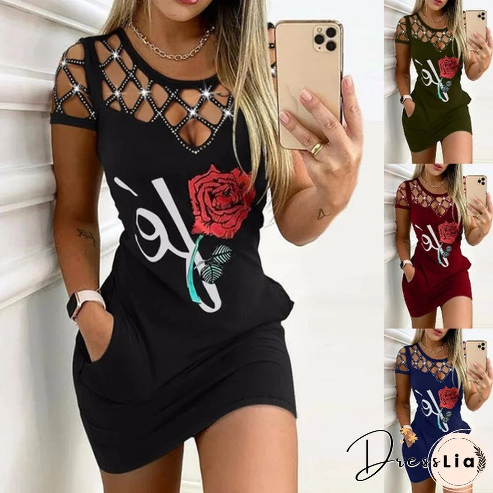 Summer Women Fashion Rose Printed Dress Home Casual O Neck Hollow Out Short Sleeves Dress Slim Package Hip Short Dress Sexy Street Style Club Dress