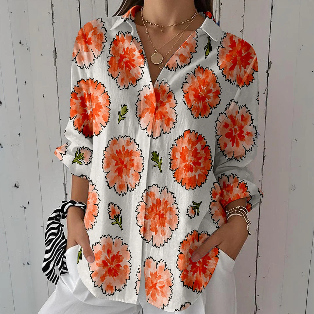 Style & Comfort for Mature Women Women Floral, Orange DZCL0187 3/4 Sleeve Shirt Collar Printed Button Tops