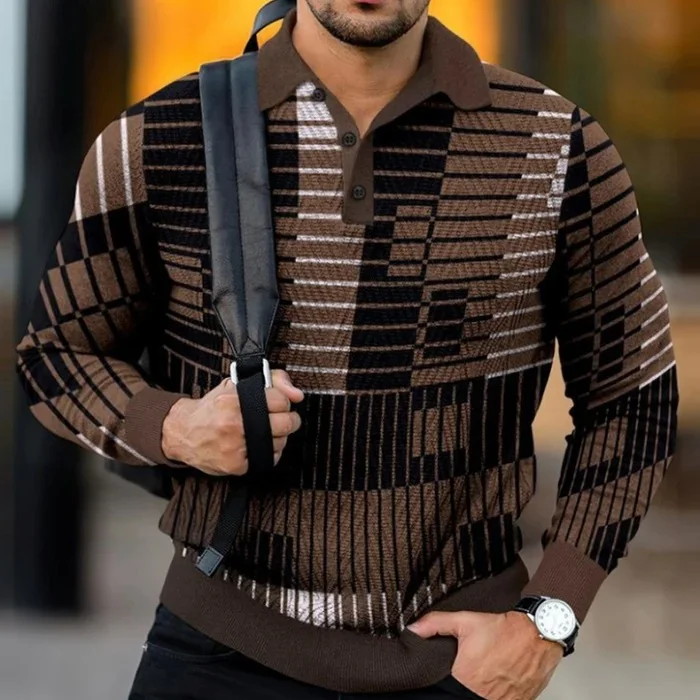 Business Men's Lapel Striped Long-sleeved T-shirt Polo Shirt