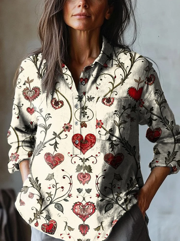 Women's Valentine's Day Heart Printed Casual Cotton and Linen Shirt
