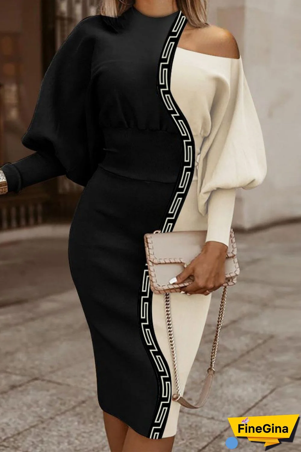 Black Casual Print Hollowed Out Patchwork Contrast Half A Turtleneck Long Sleeve Dresses