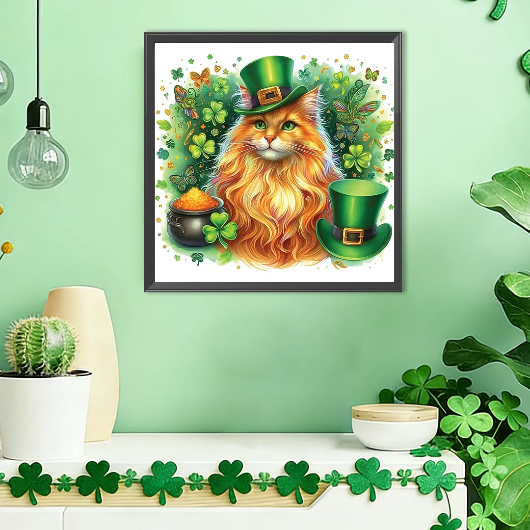 St Patricks Day Cat Full DIY 5D Round Drill Diamond Art Kits for Home Wall Decor 40x40cm