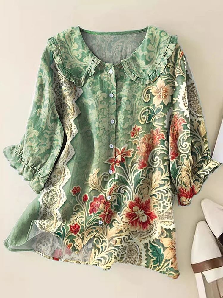 Women's Vintage Floral Art Print Casual Peter Pan Collar Cotton Shirt
