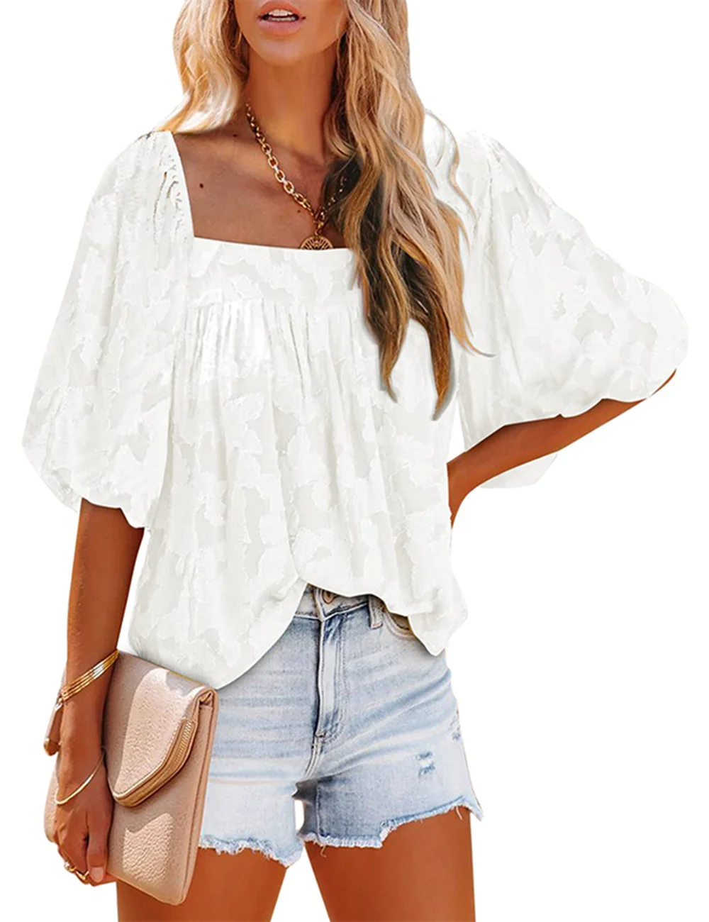 White Square Neck Chiffon Floral Puff sleeve Blouses