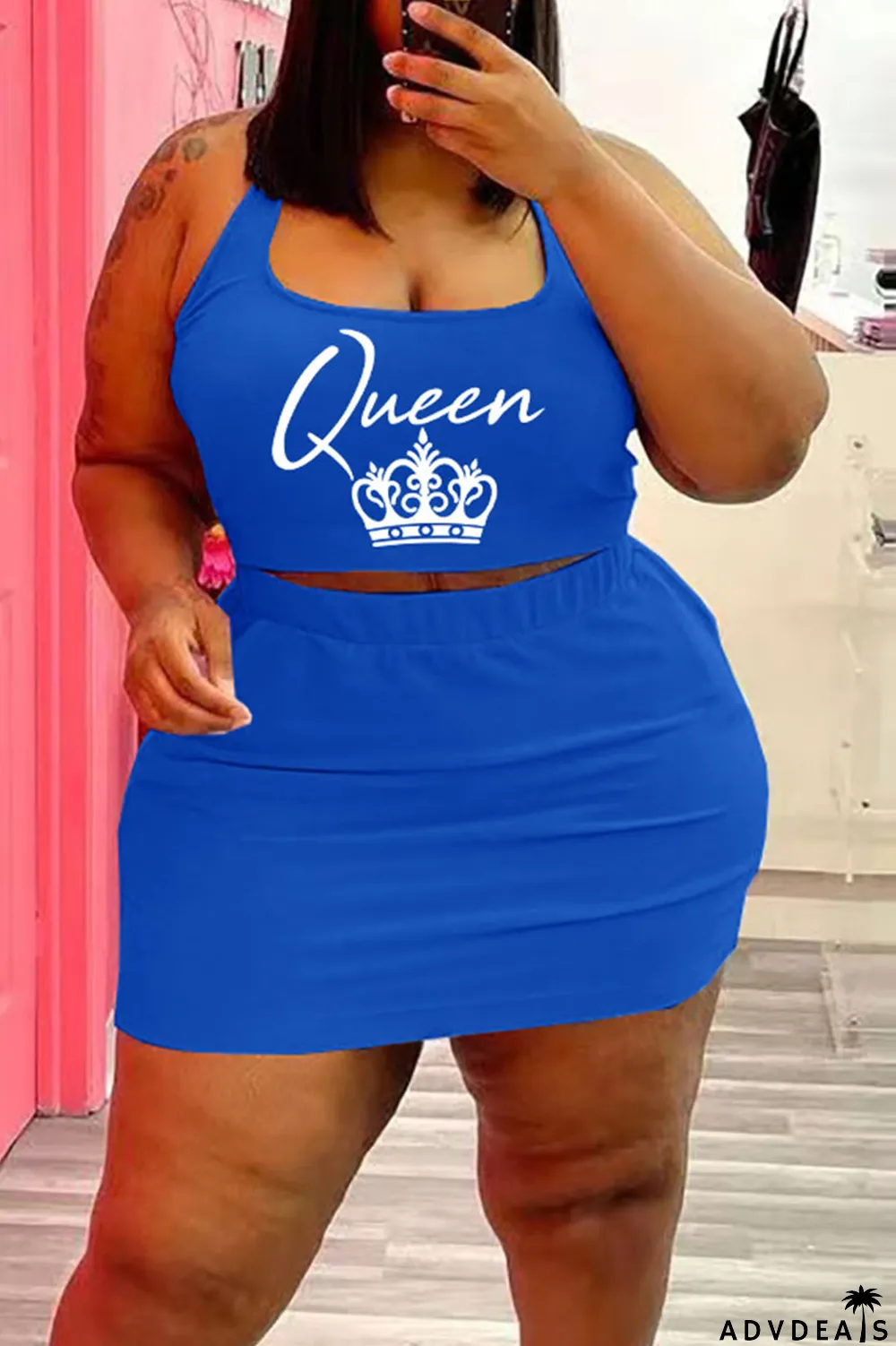 Blue Casual Print Split Joint U Neck Sleeveless Two Pieces