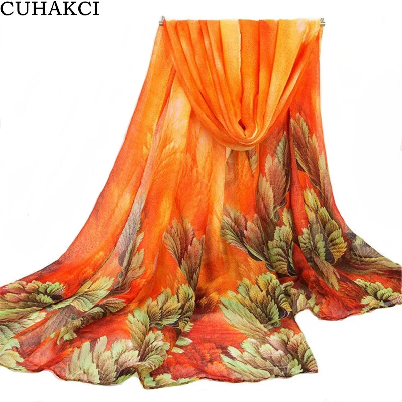 CUHAKCI Women's Summer Orange Green Sunscreen Cape Print Scarf Thin Polyester Scarves Spring and Autumn Accessories Shawl