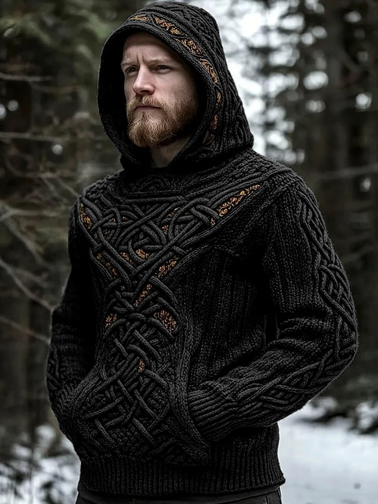 Men's Viking Jacquard Celtic Style Cozy Knit Hooded Sweater