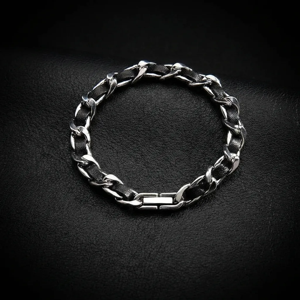 JiStones Midnight Interwoven Chain Bracelet | Premium Stainless Steel & Leather Midnight Silver (17cm)