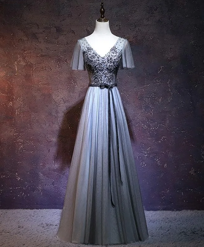 Dark Gray V Neck Long Prom Dress, Gray Evening Dress