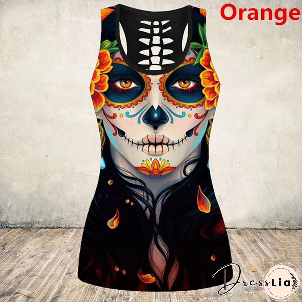 New Women's Skull Print Cut Out Back Tank Top Gothic Sleeveless Shirt Tops