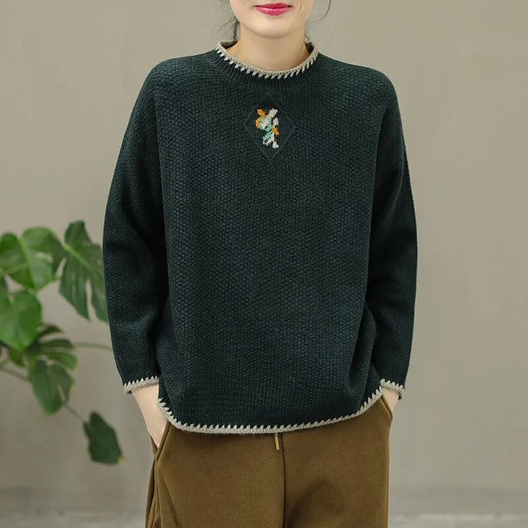Winter Casual Embroidery Knitted Patchwork Sweater