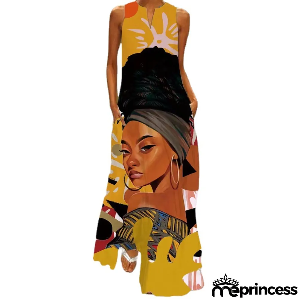 Summer women's sleeveless dress v-neck printed face dress