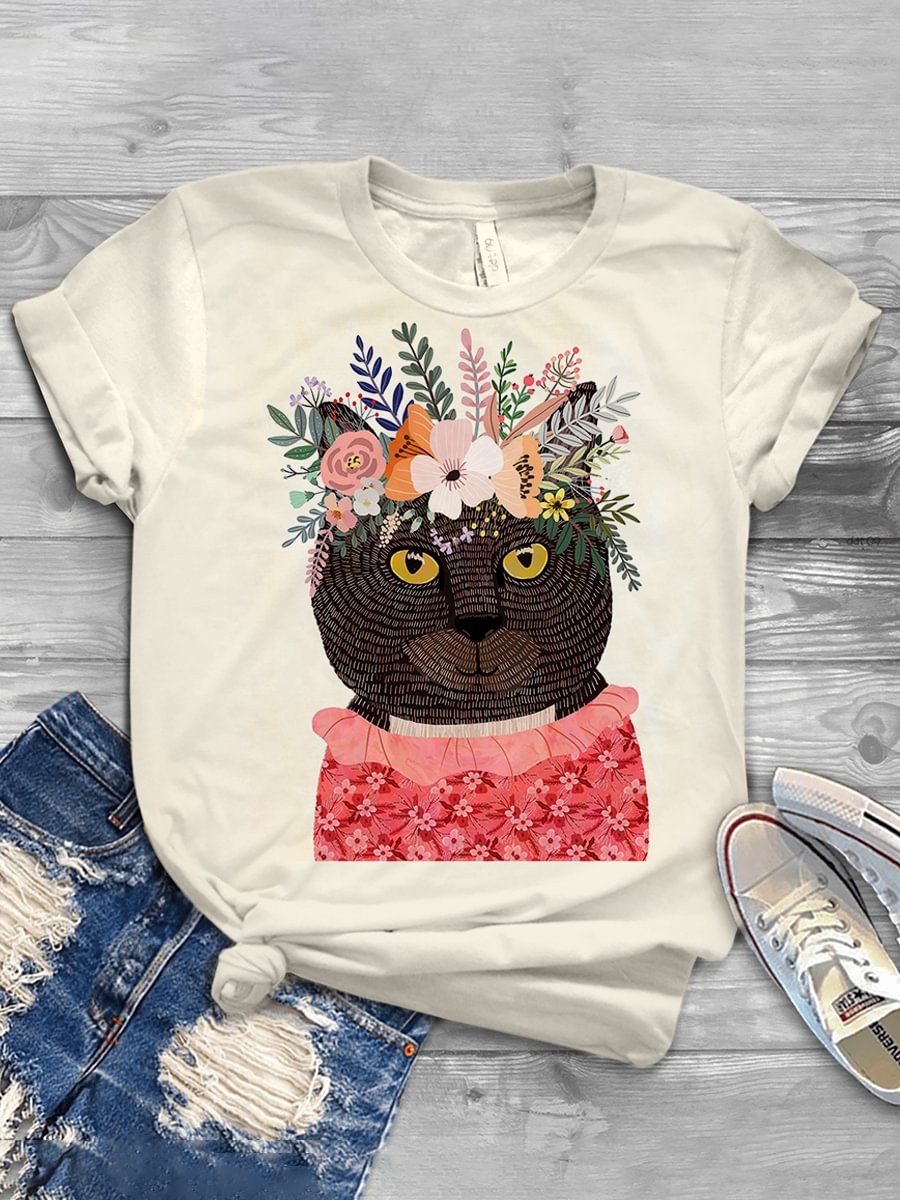 Women's A Cute Flower Cat Print T-Shirt