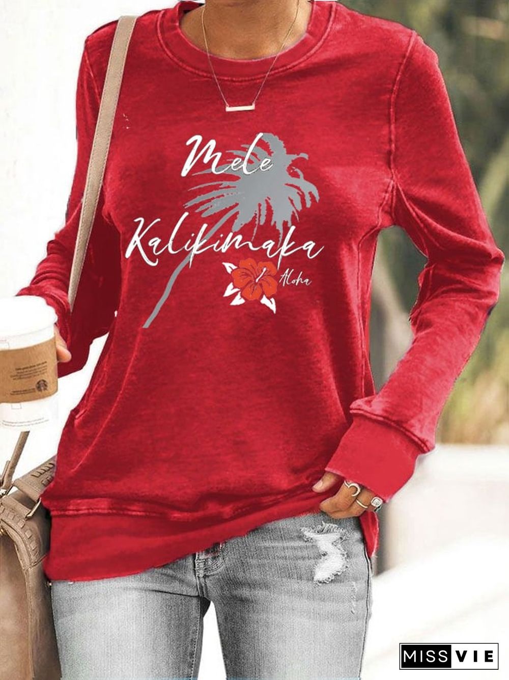 Women's Christmas Hawaiian Mele Kalikimaka Hibiscus Flower Print Sweatshirt