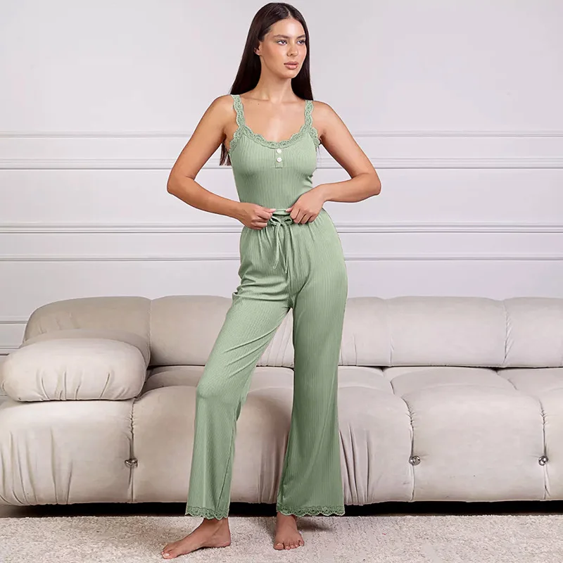 Woherb Woherb Pajamas Female Lace Lace Sling Trousers Sexy Royal Elder Sister Lady Home Clothes Two Sets-Outfit Ideas