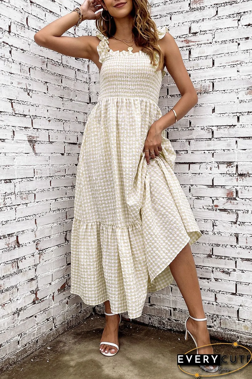 Khaki Plaid Ruffled Sleeve Smocked Maxi Dress
