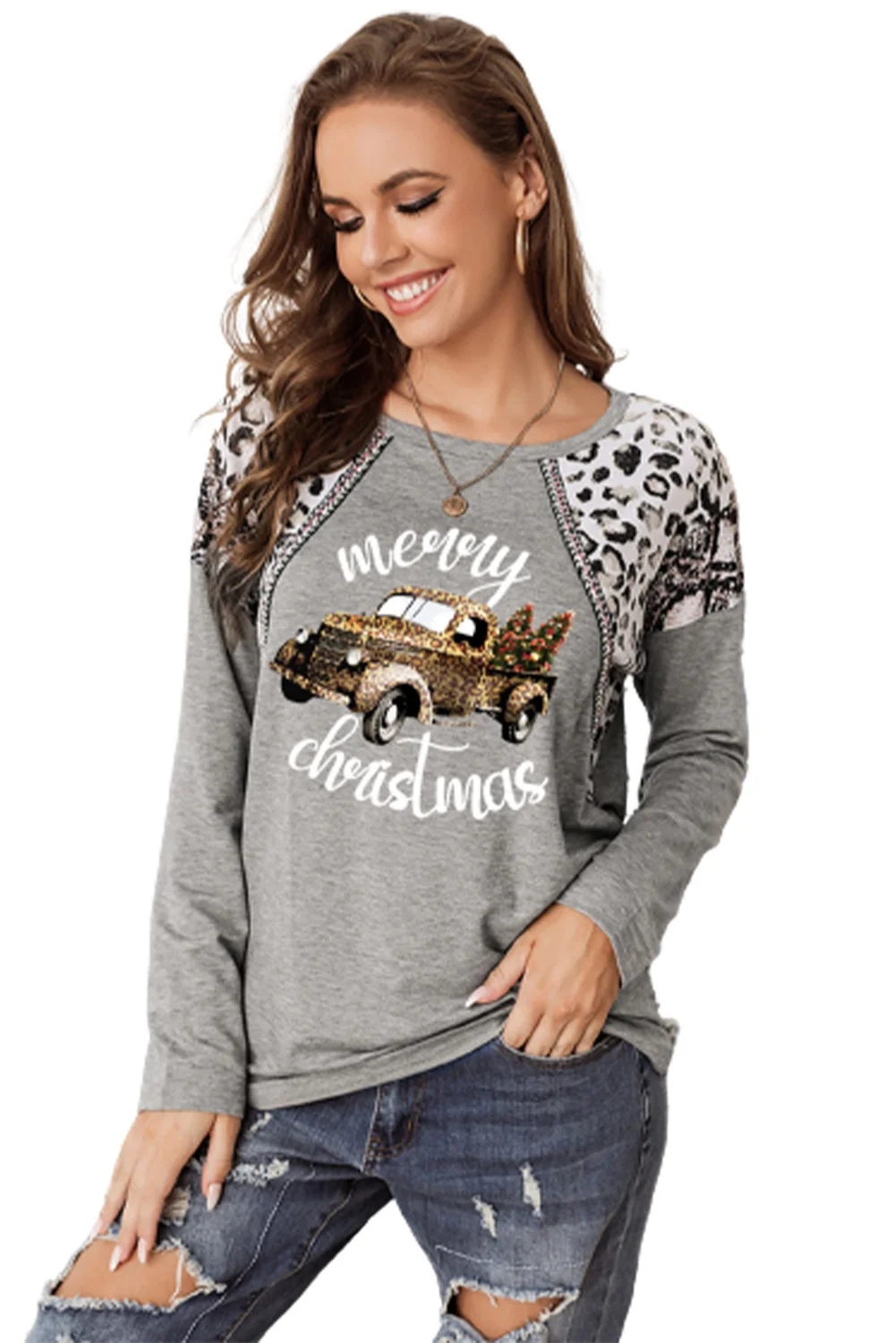 Leopard Letter Christmas Graphic Print Pullover Top