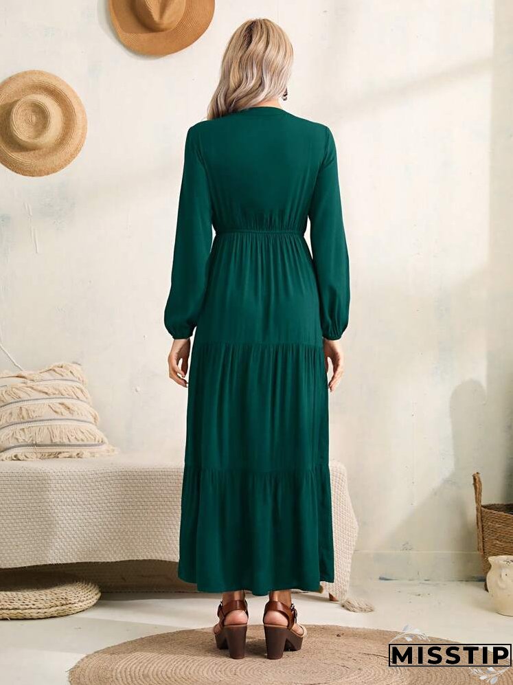 Lantern Sleeve Button Front Layered Ruffle Hem Dress