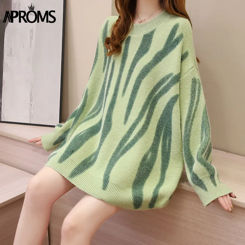 Aproms Elegant Green Striped Print Oversized Pullovers Women Winter O-Neck Loose Long Sweaters Streetwear Warm Outerwear 2021