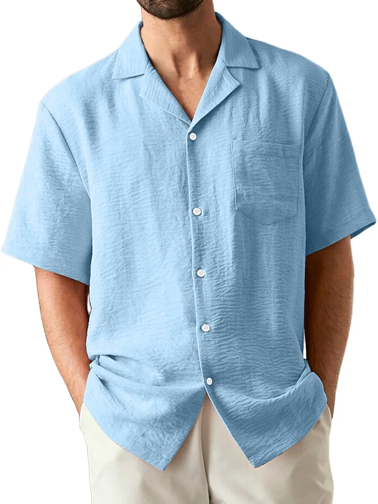 Men's Summer Cuban Collar Pleated Solid Pocket Short Sleeve Shirt