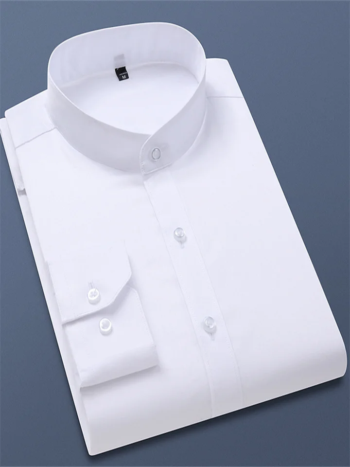 Men's Stand-up Collar Business Solid Color Shirt Men's Long-sleeved Shirt Slim Shirt Shirt Men's Large Size White, Black