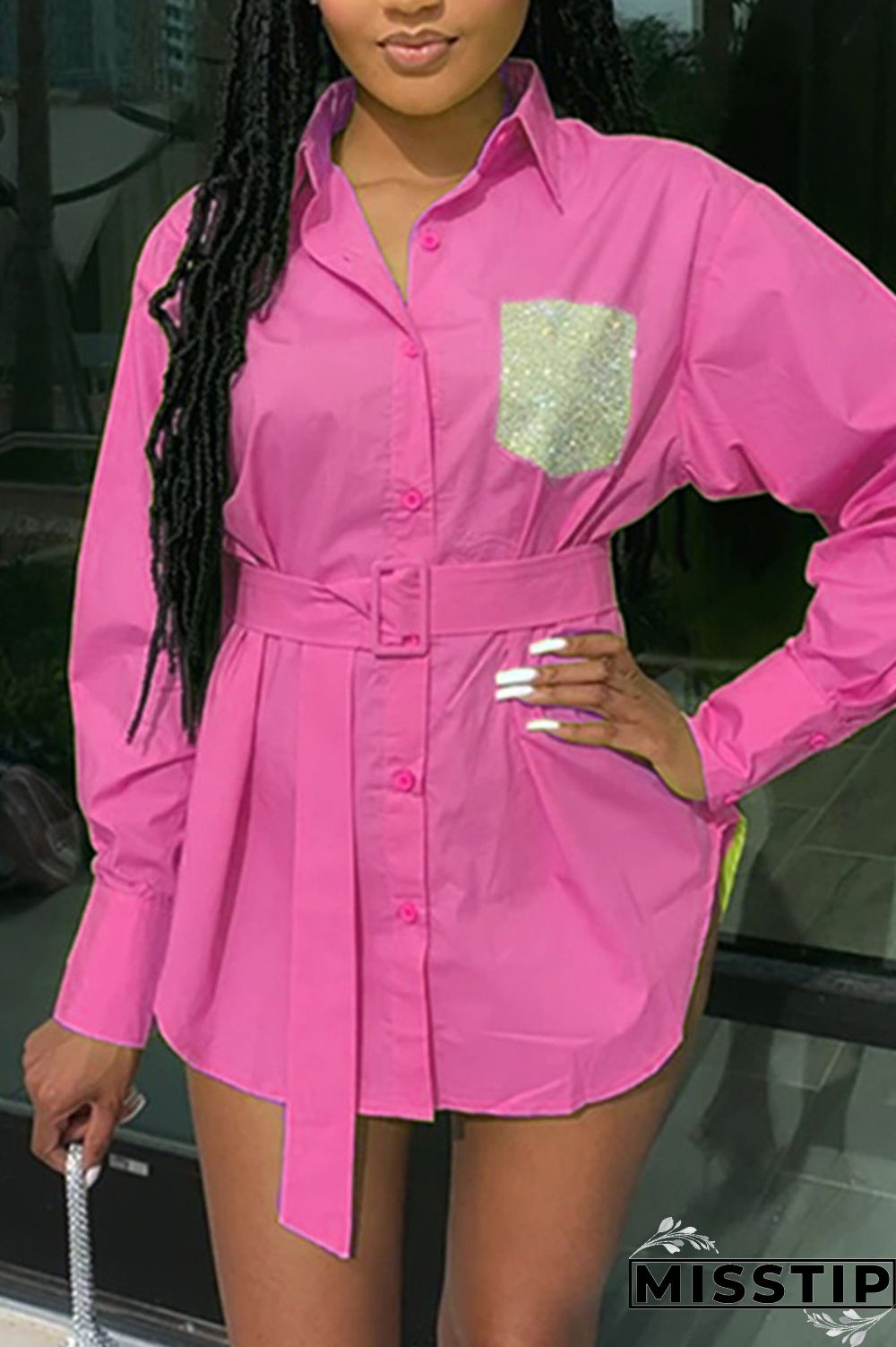 FluorescentYellow Fashion Casual Long Sleeve Shirt Dress