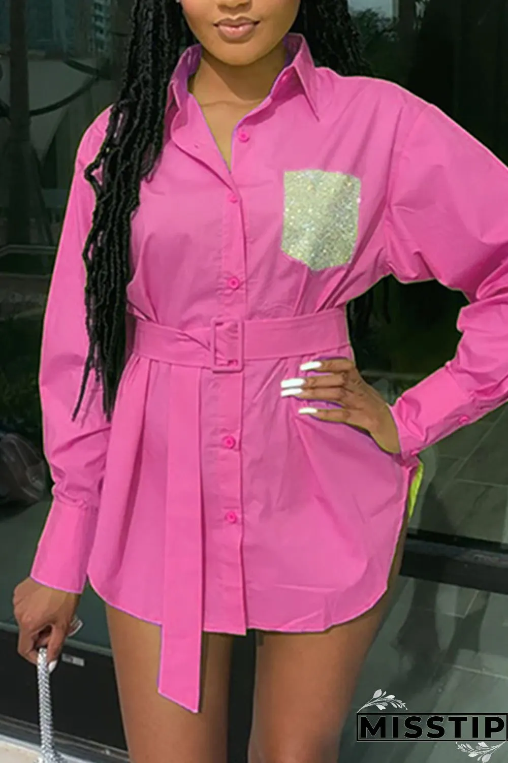 FluorescentYellow Fashion Casual Long Sleeve Shirt Dress