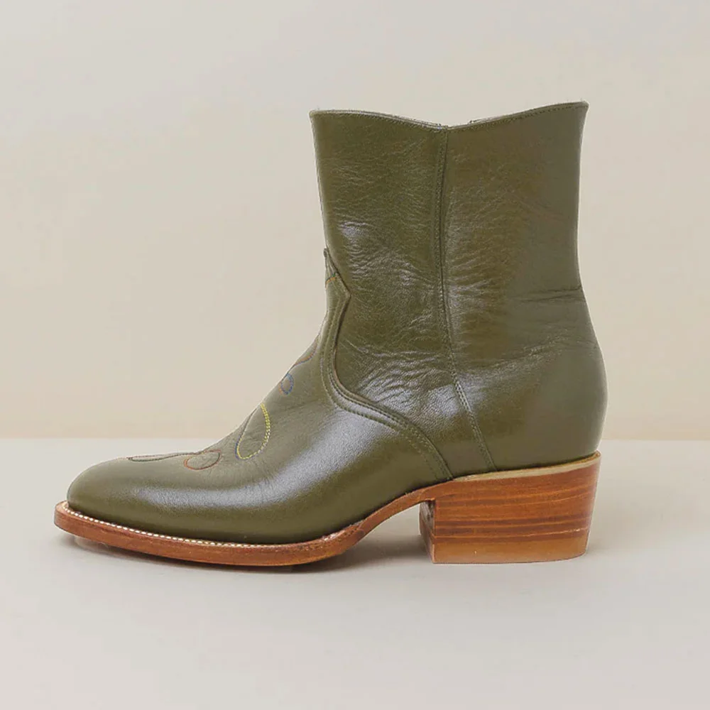 Olive Closed Toe Zipper Embroidered Ankle Cowgirl Boots for Women