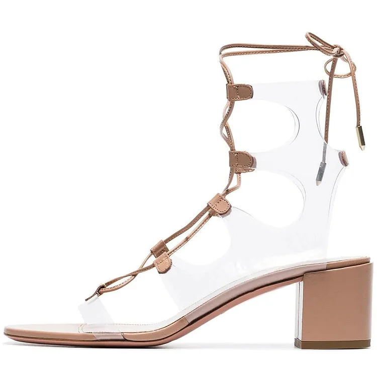 Nude Lace-Up Block Heel Gladiator Sandals with Clear PVC Vdcoo