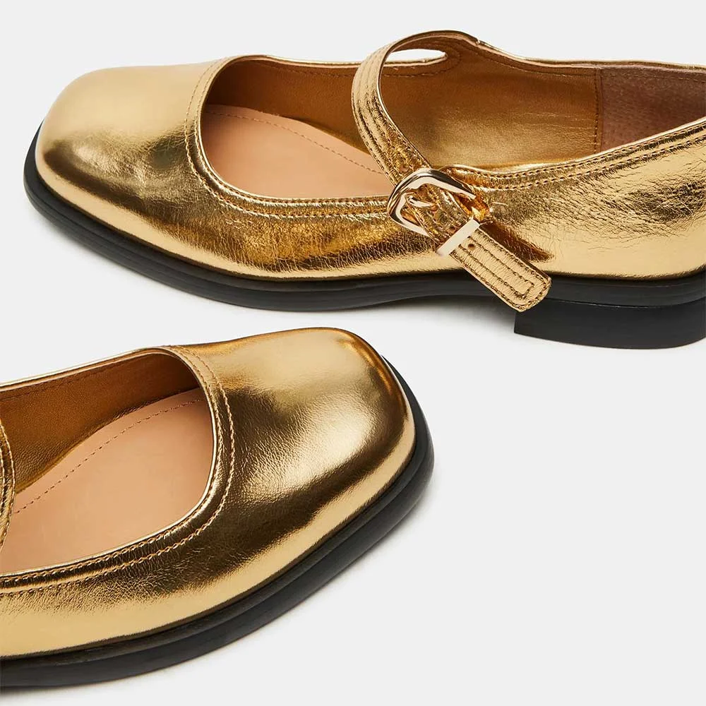 Gold Metallic Finish Square Toe Mary Jane Flats with Buckle Strap