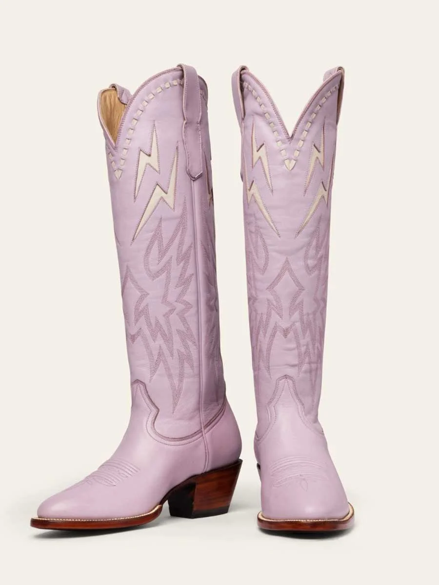 Purple Round Toe Lightning Inlay Embroidered Knee Cowgirl Boots